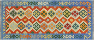 Flat Weave Kilim, Antique, Navaho, Vintage, Handmade, Geometric Kilim Rust Blue Hand-Woven Runner 100% Wool Area Rug 3 x 6